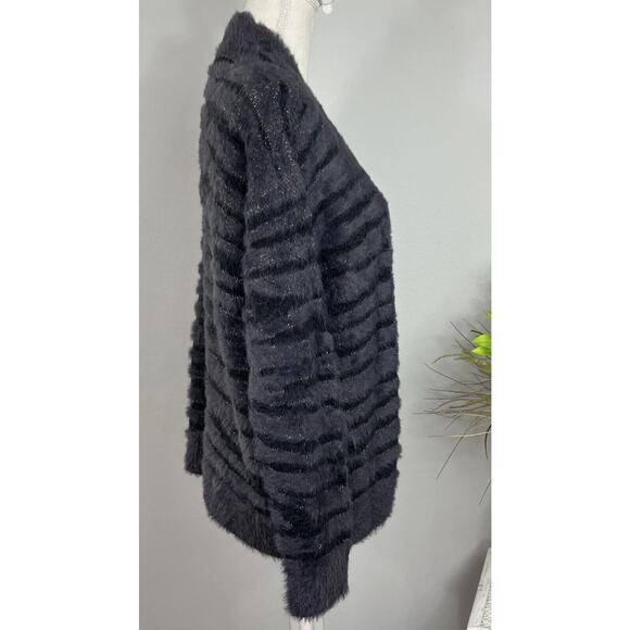 Trucloth Womens Striped Fuzzy Eyelash Knit Cardigan Sweater Sz M Open Purple EUC - Picture 3 of 11